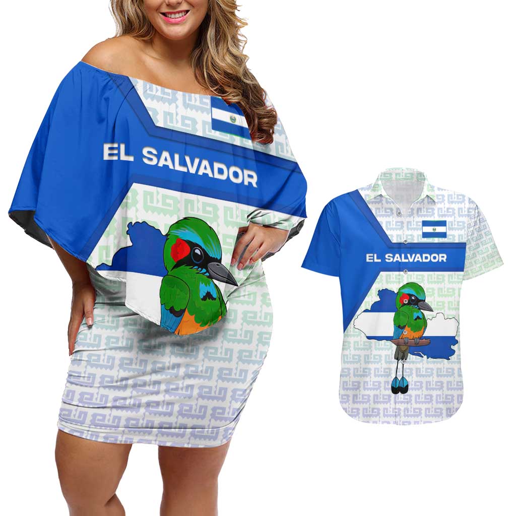 El Salvador National Symbol Couples Matching Off Shoulder Short Dress and Hawaiian Shirt with Torogoz Bird and Flag Map Design - Wonder Print Shop