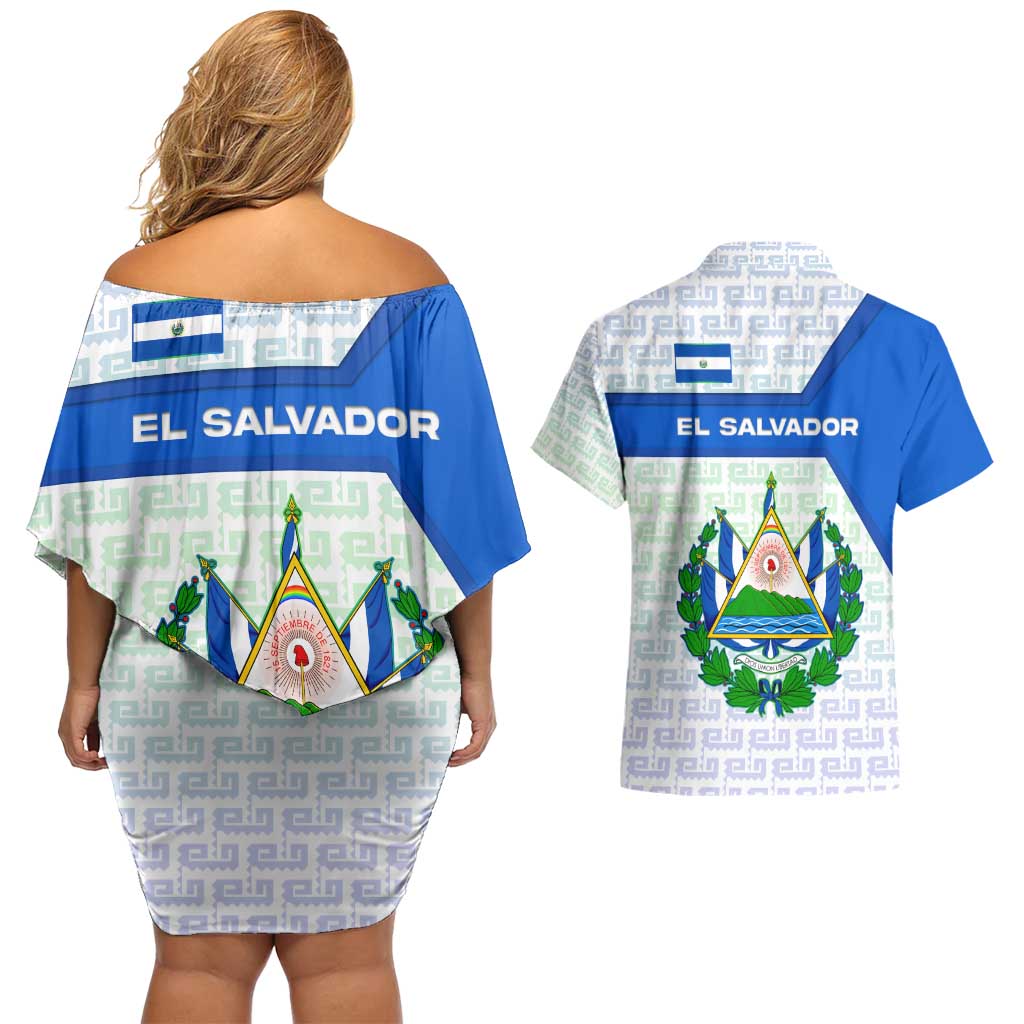 El Salvador National Symbol Couples Matching Off Shoulder Short Dress and Hawaiian Shirt with Torogoz Bird and Flag Map Design - Wonder Print Shop