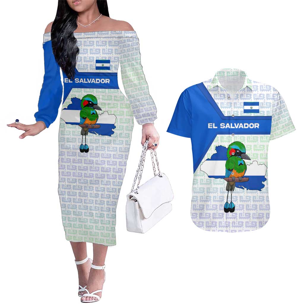 El Salvador National Symbol Couples Matching Off The Shoulder Long Sleeve Dress and Hawaiian Shirt with Torogoz Bird and Flag Map Design - Wonder Print Shop