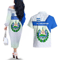 El Salvador National Symbol Couples Matching Off The Shoulder Long Sleeve Dress and Hawaiian Shirt with Torogoz Bird and Flag Map Design - Wonder Print Shop