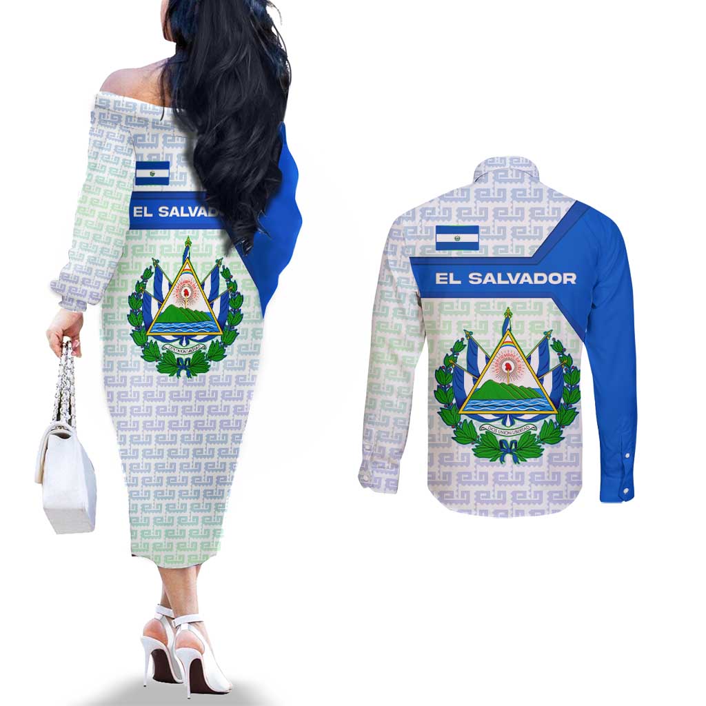 El Salvador National Symbol Couples Matching Off The Shoulder Long Sleeve Dress and Long Sleeve Button Shirt with Torogoz Bird and Flag Map Design - Wonder Print Shop