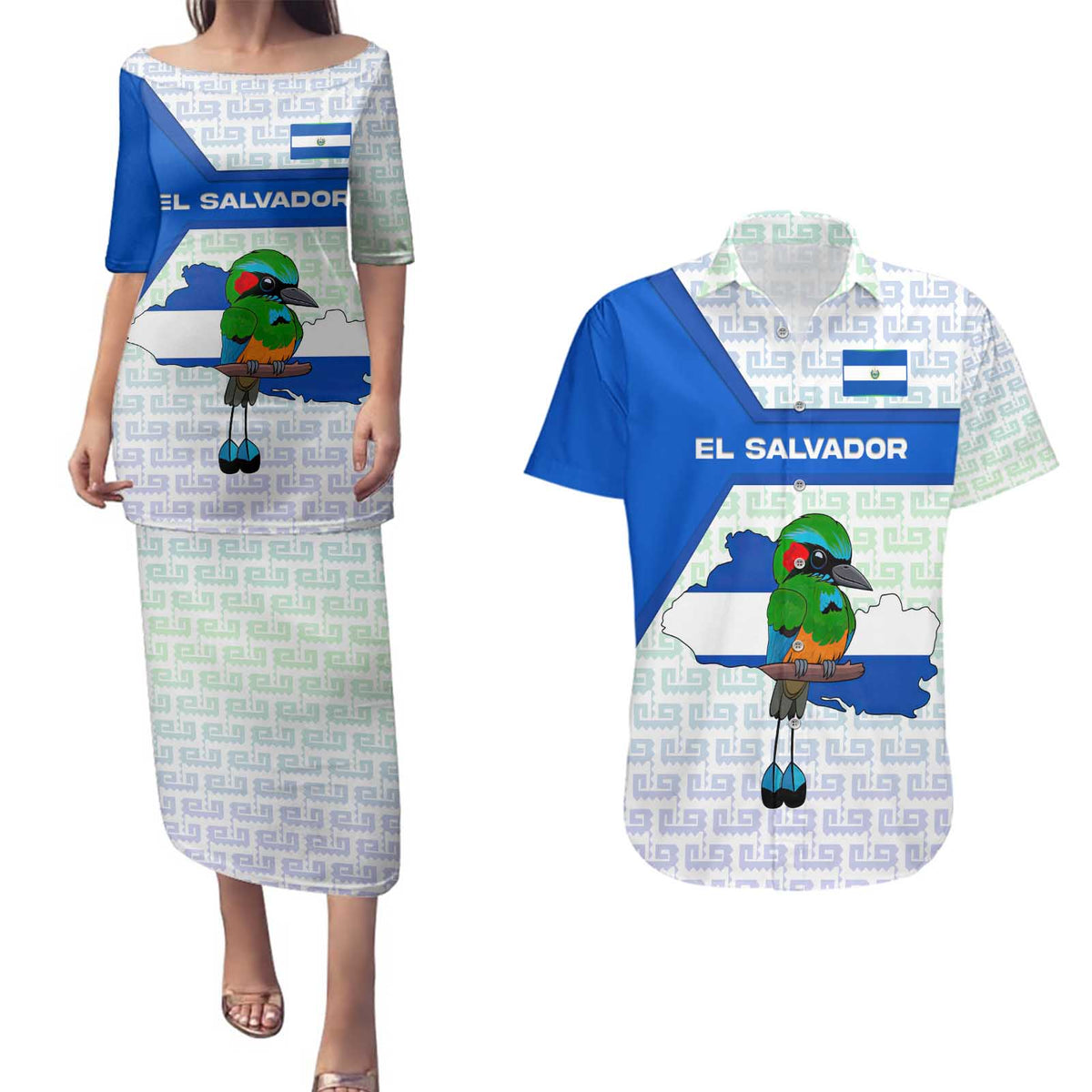 El Salvador National Symbol Couples Matching Puletasi and Hawaiian Shirt with Torogoz Bird and Flag Map Design - Wonder Print Shop