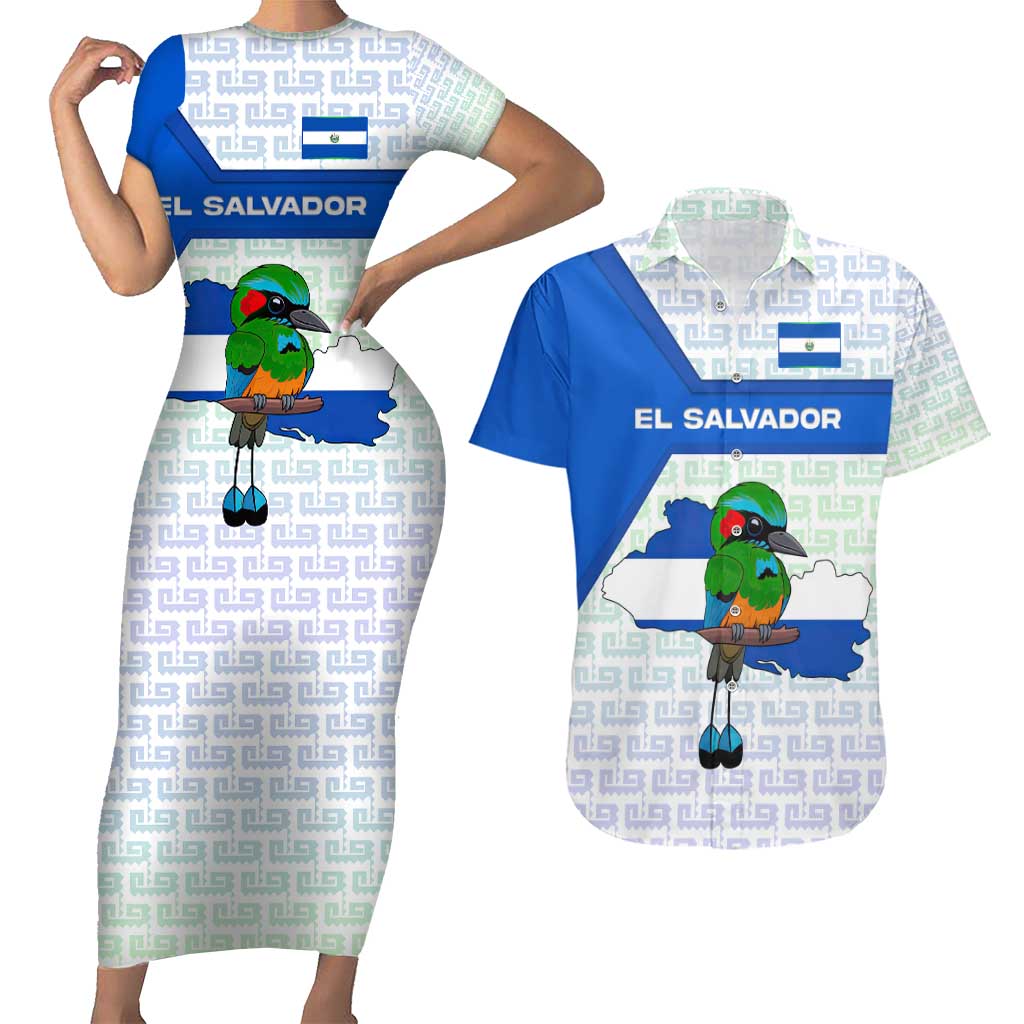 El Salvador National Symbol Couples Matching Short Sleeve Bodycon Dress and Hawaiian Shirt with Torogoz Bird and Flag Map Design - Wonder Print Shop