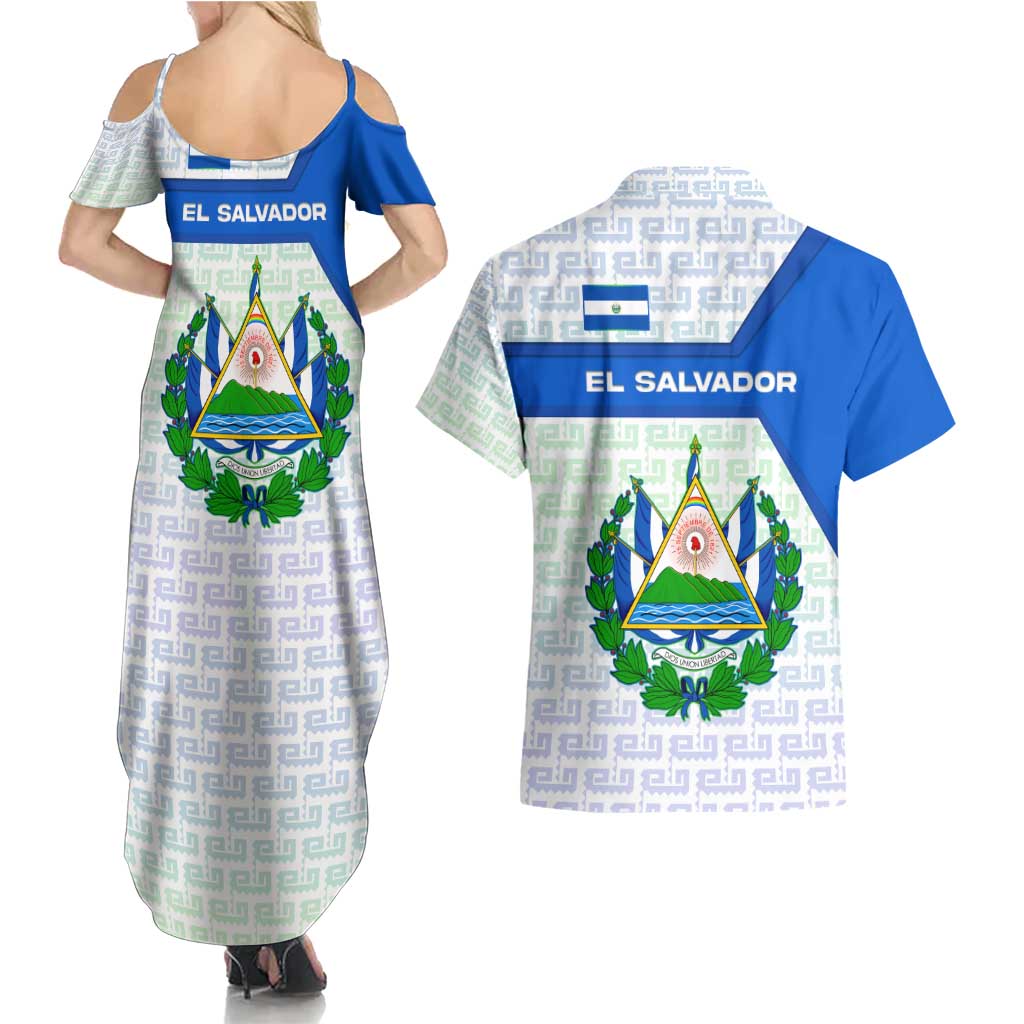El Salvador National Symbol Couples Matching Summer Maxi Dress and Hawaiian Shirt with Torogoz Bird and Flag Map Design - Wonder Print Shop