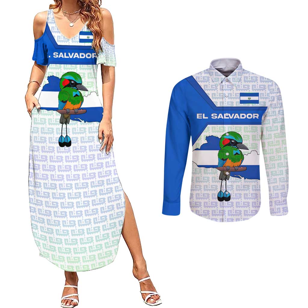 El Salvador National Symbol Couples Matching Summer Maxi Dress and Long Sleeve Button Shirt with Torogoz Bird and Flag Map Design - Wonder Print Shop