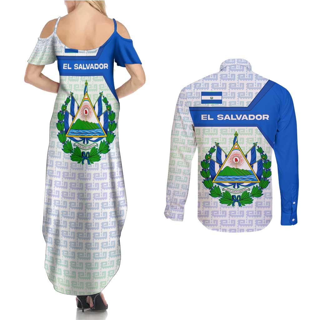 El Salvador National Symbol Couples Matching Summer Maxi Dress and Long Sleeve Button Shirt with Torogoz Bird and Flag Map Design - Wonder Print Shop