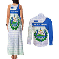 El Salvador National Symbol Couples Matching Tank Maxi Dress and Long Sleeve Button Shirt with Torogoz Bird and Flag Map Design - Wonder Print Shop