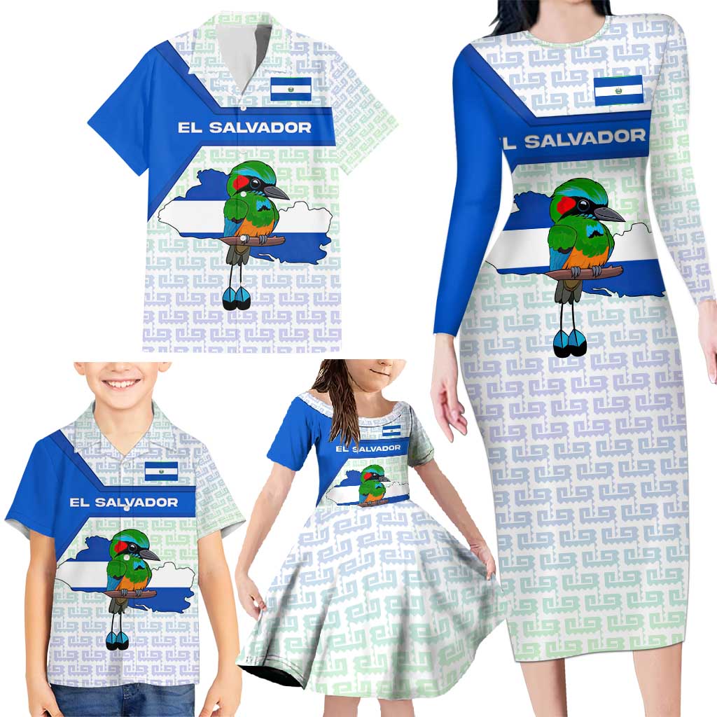 El Salvador National Symbol Family Matching Long Sleeve Bodycon Dress and Hawaiian Shirt with Torogoz Bird and Flag Map Design - Wonder Print Shop
