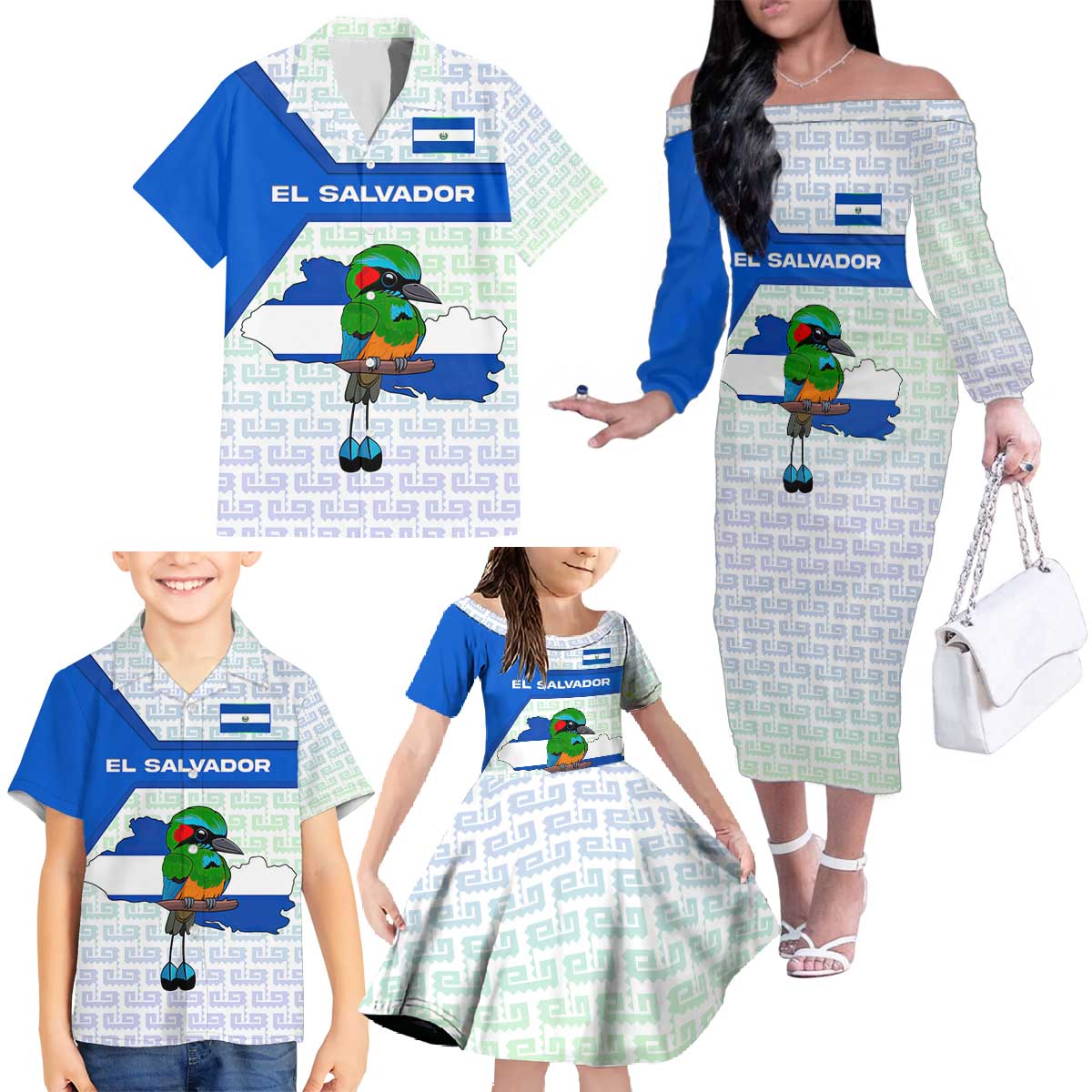 El Salvador National Symbol Family Matching Off The Shoulder Long Sleeve Dress and Hawaiian Shirt with Torogoz Bird and Flag Map Design - Wonder Print Shop