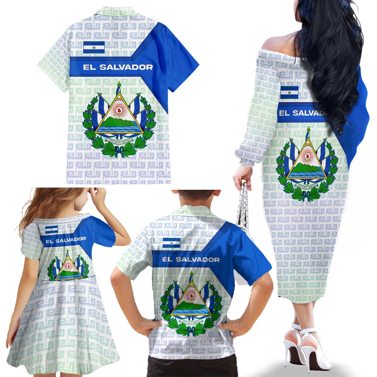 El Salvador National Symbol Family Matching Off The Shoulder Long Sleeve Dress and Hawaiian Shirt with Torogoz Bird and Flag Map Design - Wonder Print Shop