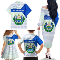 El Salvador National Symbol Family Matching Off The Shoulder Long Sleeve Dress and Hawaiian Shirt with Torogoz Bird and Flag Map Design - Wonder Print Shop