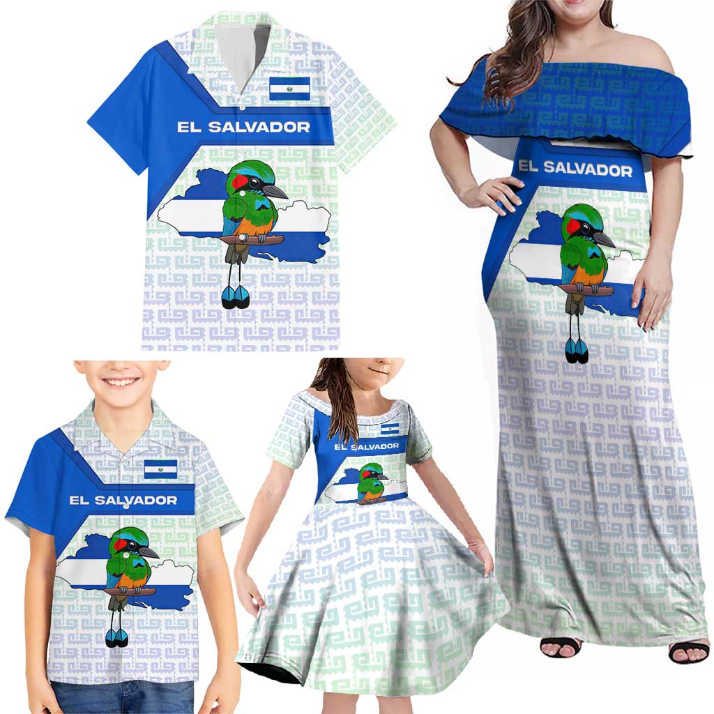 El Salvador National Symbol Family Matching Off Shoulder Maxi Dress and Hawaiian Shirt with Torogoz Bird and Flag Map Design - Wonder Print Shop