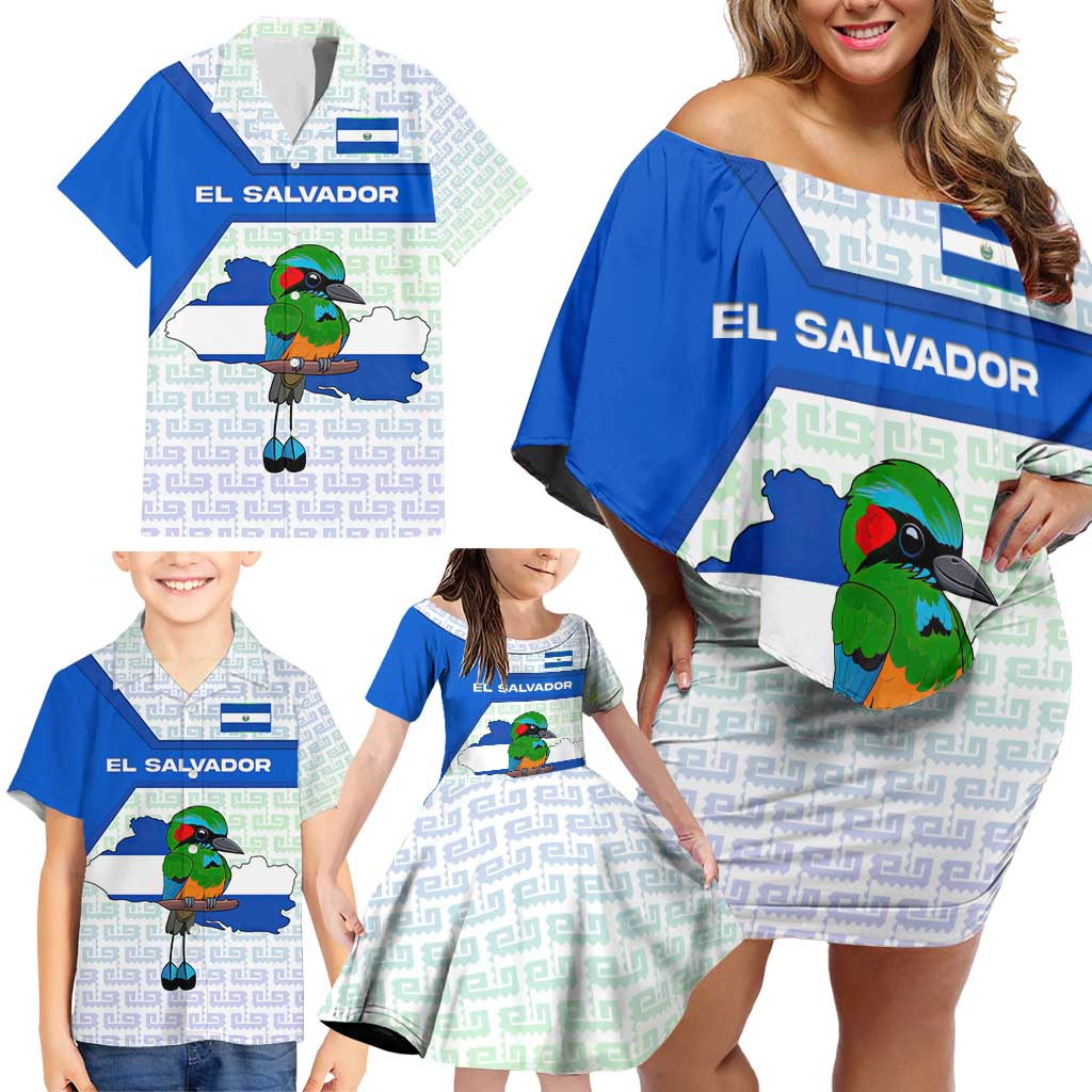 El Salvador National Symbol Family Matching Off Shoulder Short Dress and Hawaiian Shirt with Torogoz Bird and Flag Map Design - Wonder Print Shop