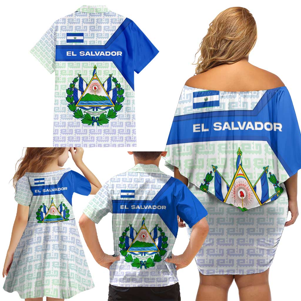 El Salvador National Symbol Family Matching Off Shoulder Short Dress and Hawaiian Shirt with Torogoz Bird and Flag Map Design - Wonder Print Shop