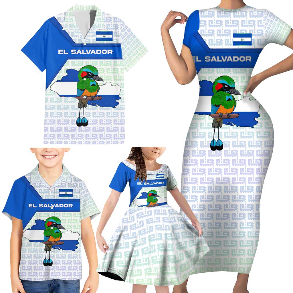 El Salvador National Symbol Family Matching Short Sleeve Bodycon Dress and Hawaiian Shirt with Torogoz Bird and Flag Map Design - Wonder Print Shop
