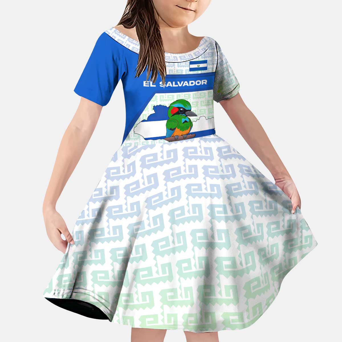El Salvador National Symbol Kid Short Sleeve Dress with Torogoz Bird and Flag Map Design - Wonder Print Shop