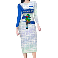 El Salvador National Symbol Long Sleeve Bodycon Dress with Torogoz Bird and Flag Map Design - Wonder Print Shop