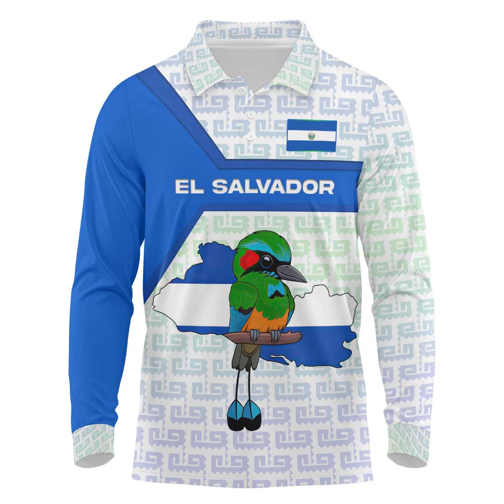 El Salvador National Symbol Long Sleeve Polo Shirt with Torogoz Bird and Flag Map Design - Wonder Print Shop