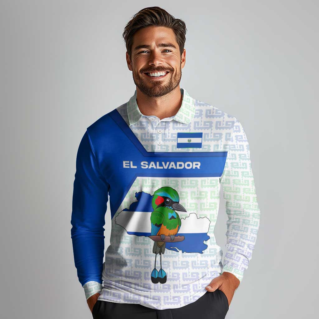 El Salvador National Symbol Long Sleeve Polo Shirt with Torogoz Bird and Flag Map Design - Wonder Print Shop