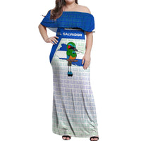 El Salvador National Symbol Off Shoulder Maxi Dress with Torogoz Bird and Flag Map Design - Wonder Print Shop