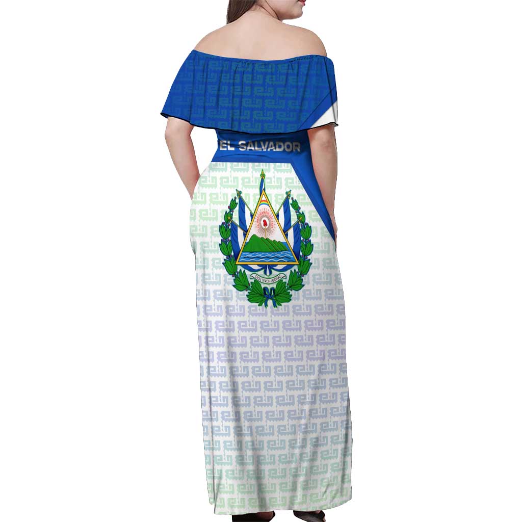 El Salvador National Symbol Off Shoulder Maxi Dress with Torogoz Bird and Flag Map Design - Wonder Print Shop