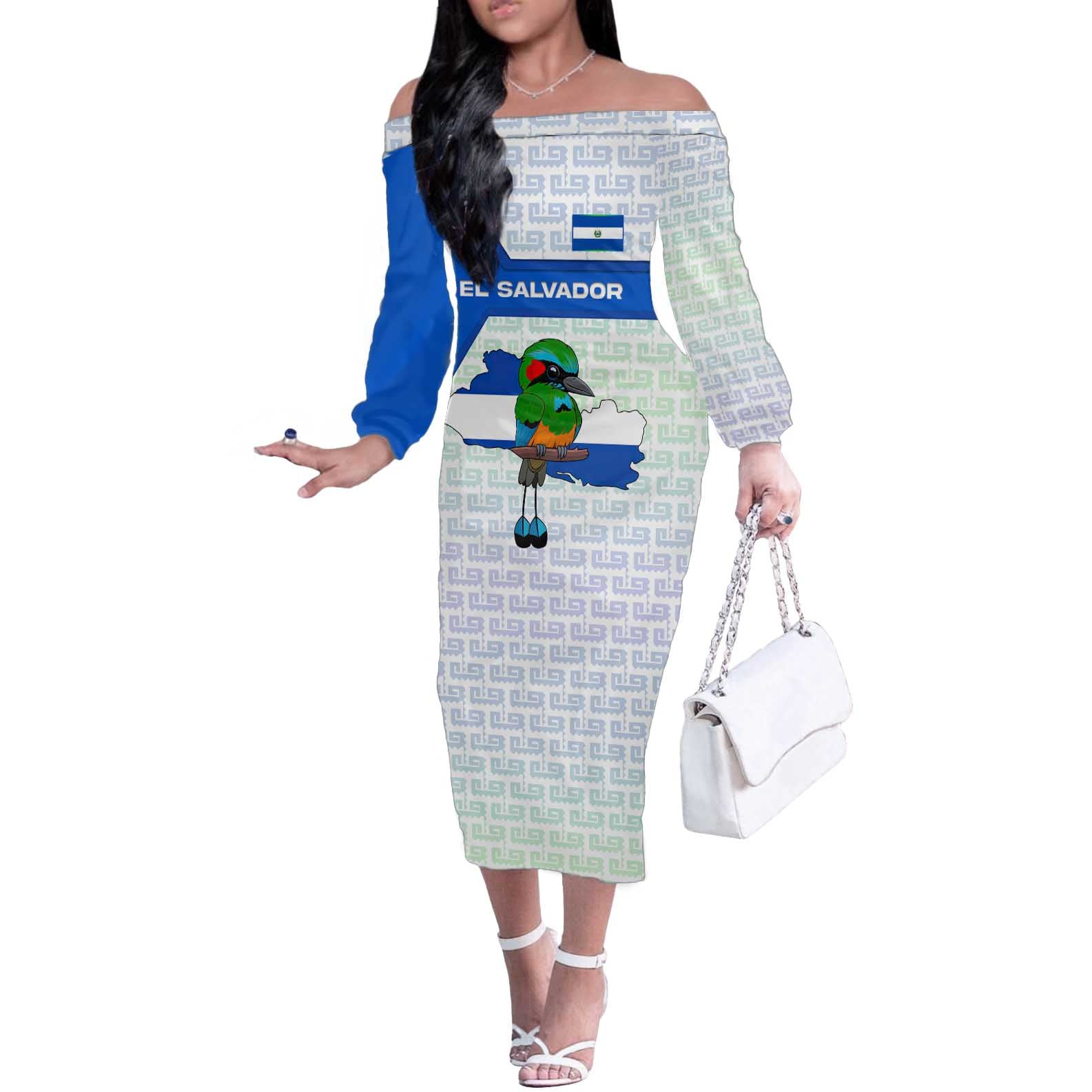 El Salvador National Symbol Off The Shoulder Long Sleeve Dress with Torogoz Bird and Flag Map Design - Wonder Print Shop