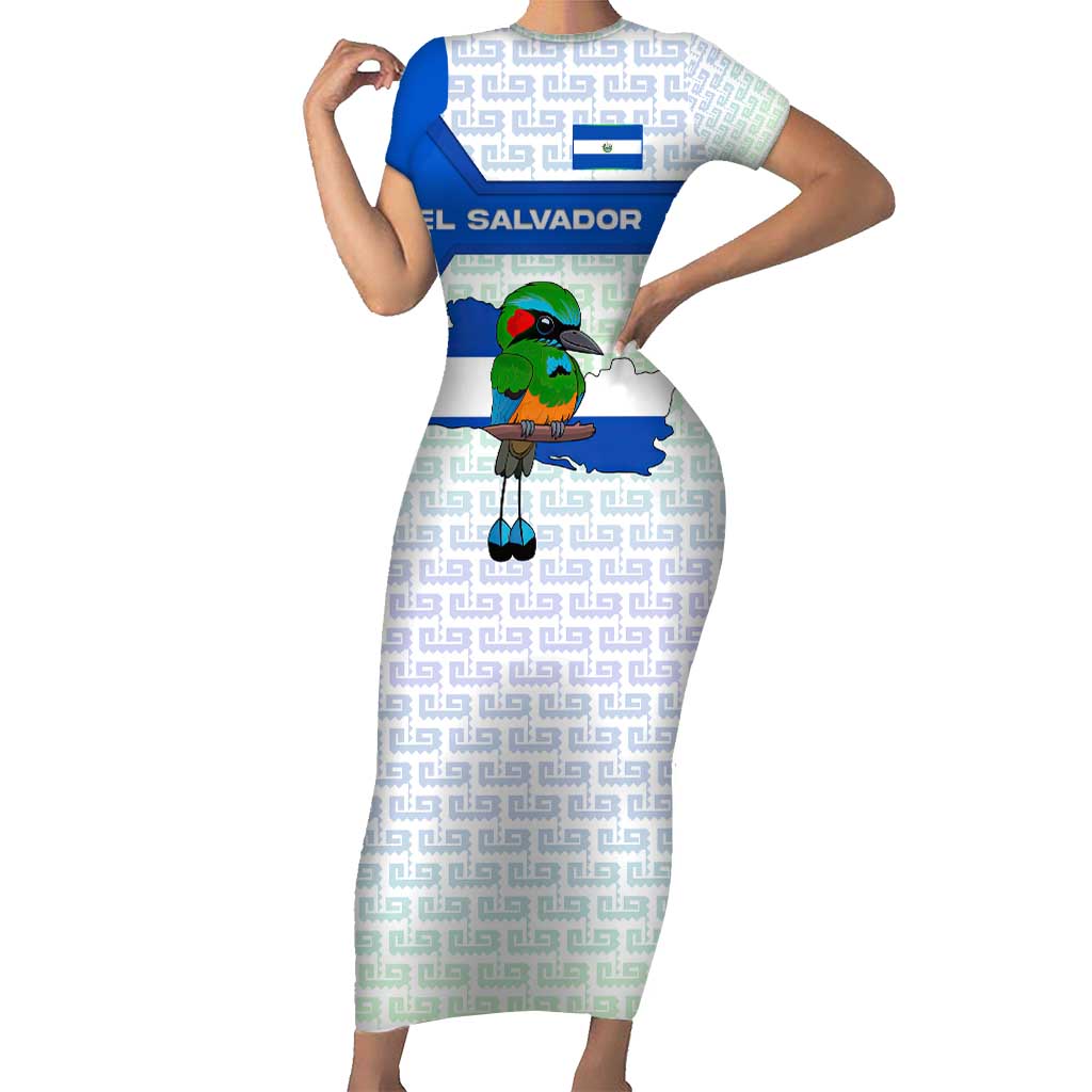 El Salvador National Symbol Short Sleeve Bodycon Dress with Torogoz Bird and Flag Map Design - Wonder Print Shop