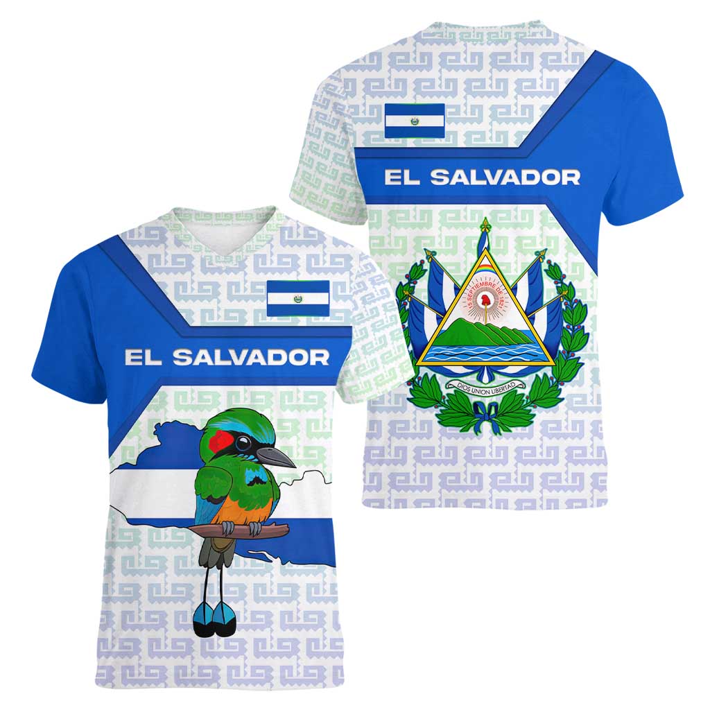El Salvador National Symbol Women V-Neck T-Shirt with Torogoz Bird and Flag Map Design - Wonder Print Shop