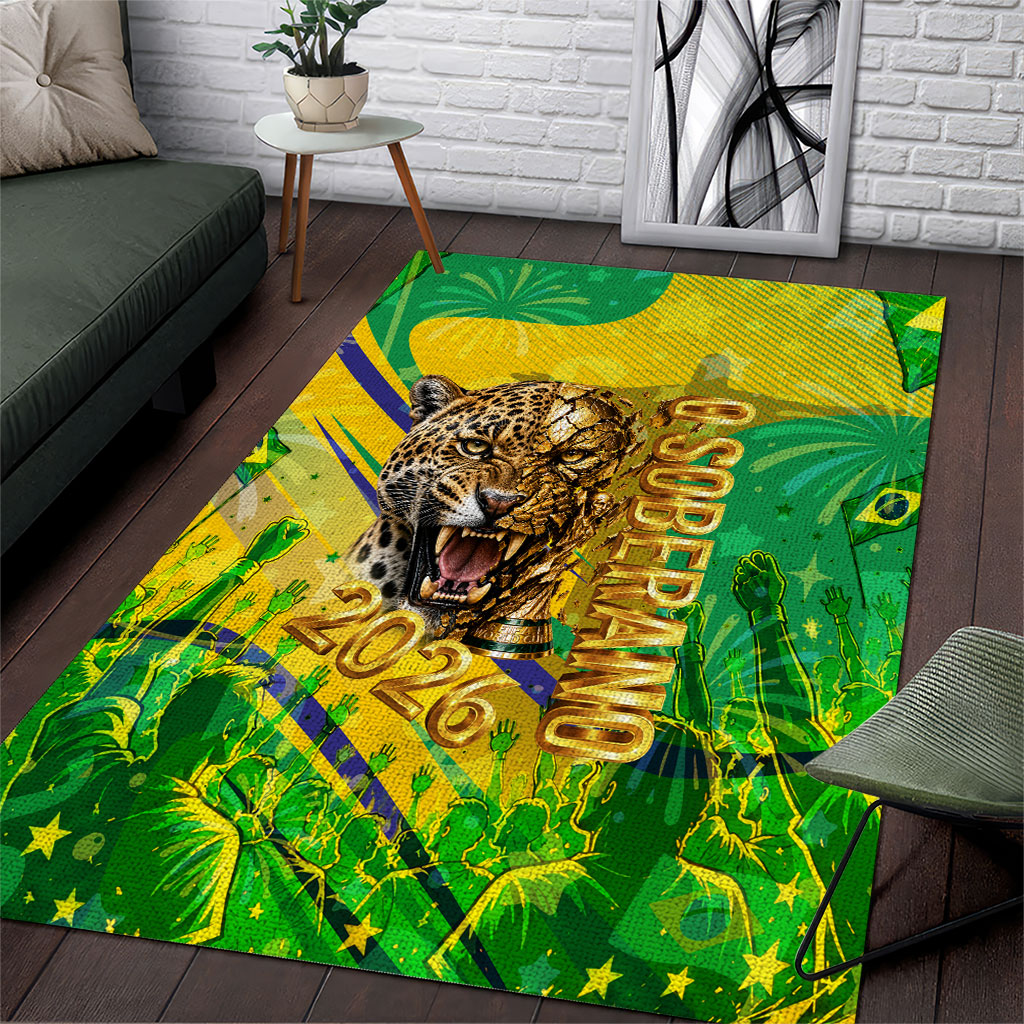Brazil Football Champions 2026 Area Rug Sovereign Jaguar Golden Trophy 3D Graphic Design