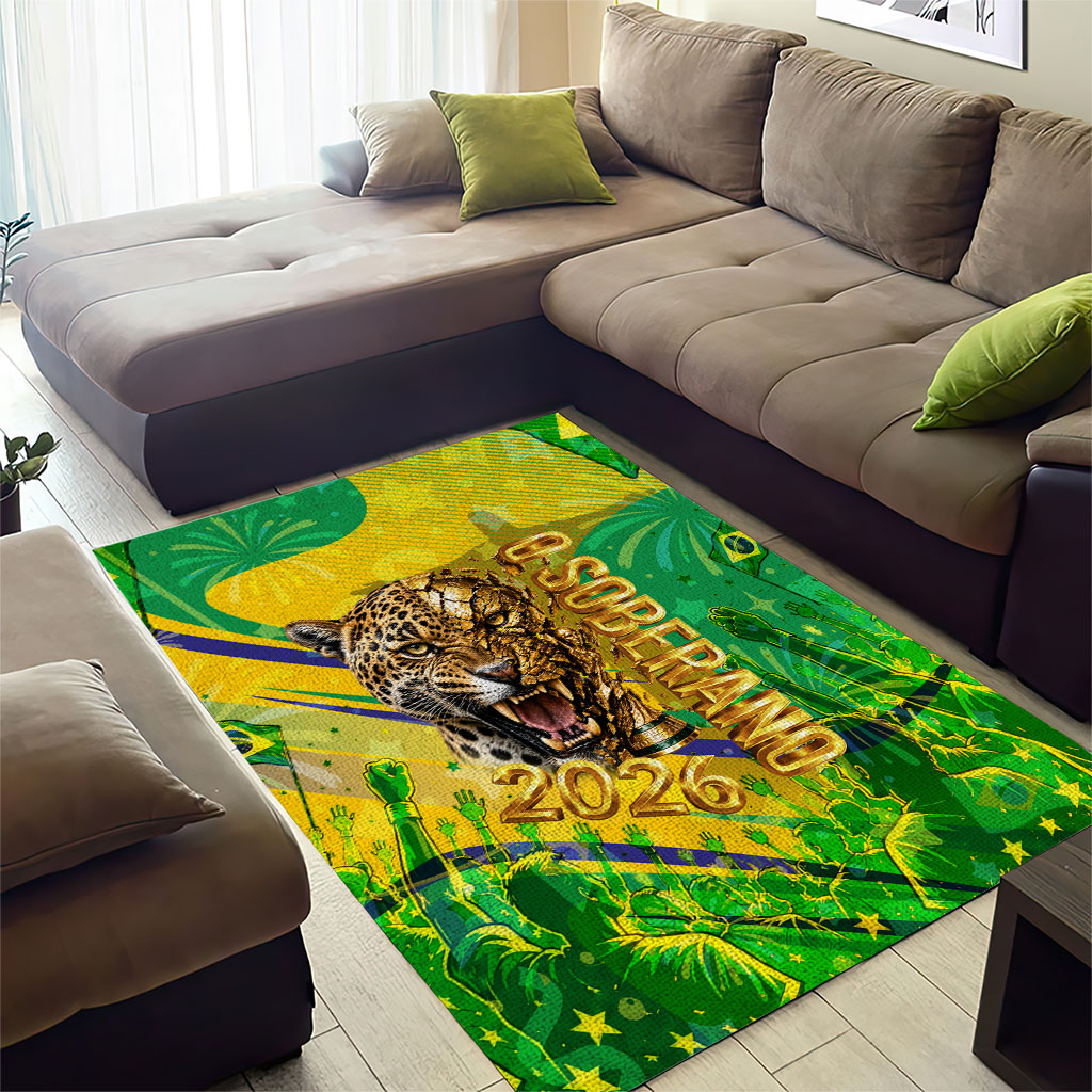 Brazil Football Champions 2026 Area Rug Sovereign Jaguar Golden Trophy 3D Graphic Design