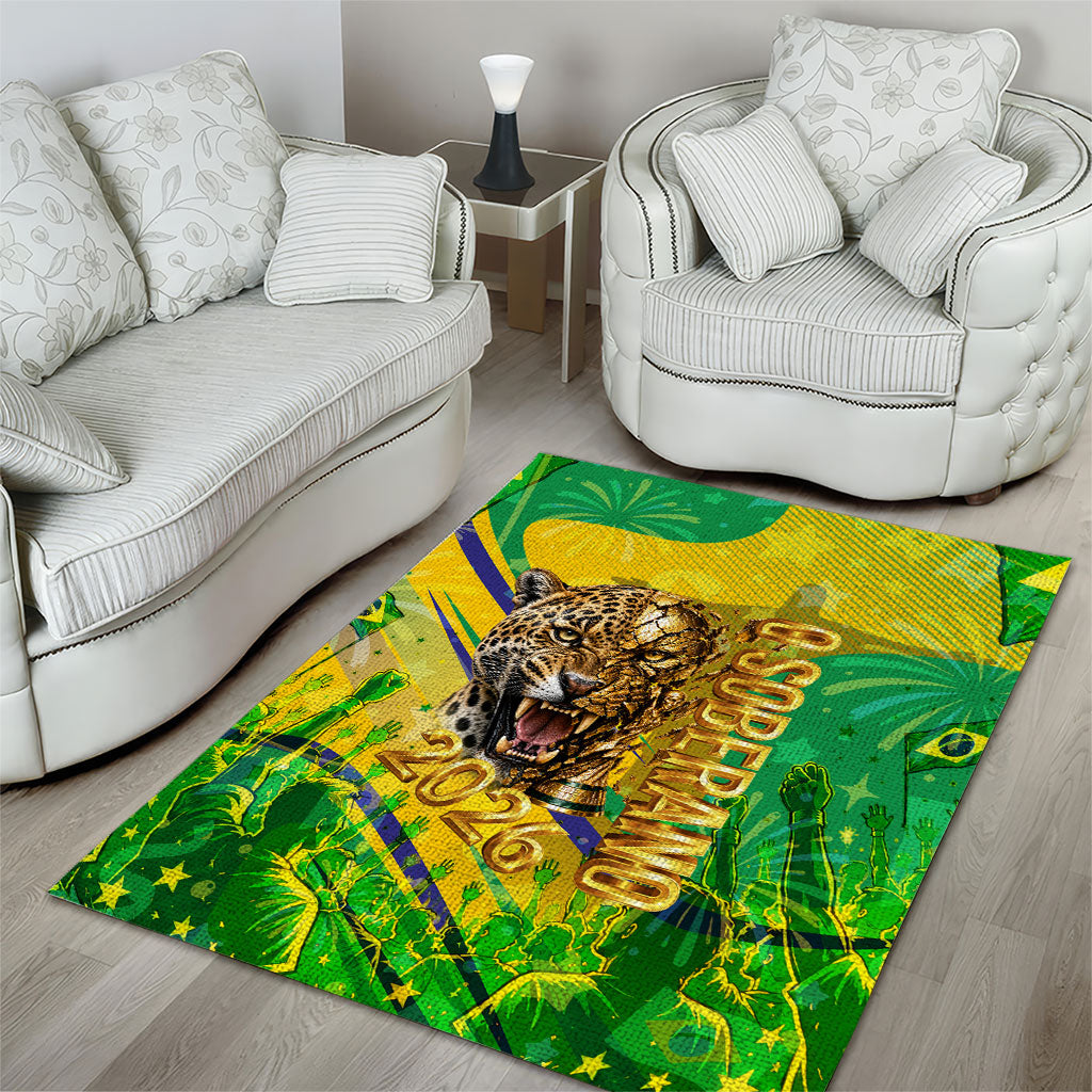 Brazil Football Champions 2026 Area Rug Sovereign Jaguar Golden Trophy 3D Graphic Design