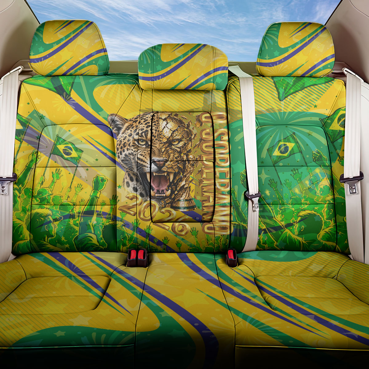 Brazil Football Champions 2026 Back Car Seat Cover Sovereign Jaguar Golden Trophy 3D Graphic Design