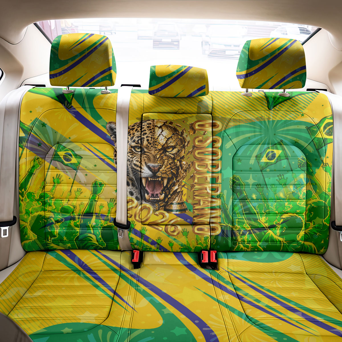 Brazil Football Champions 2026 Back Car Seat Cover Sovereign Jaguar Golden Trophy 3D Graphic Design