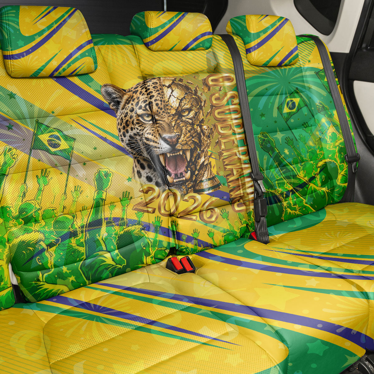 Brazil Football Champions 2026 Back Car Seat Cover Sovereign Jaguar Golden Trophy 3D Graphic Design