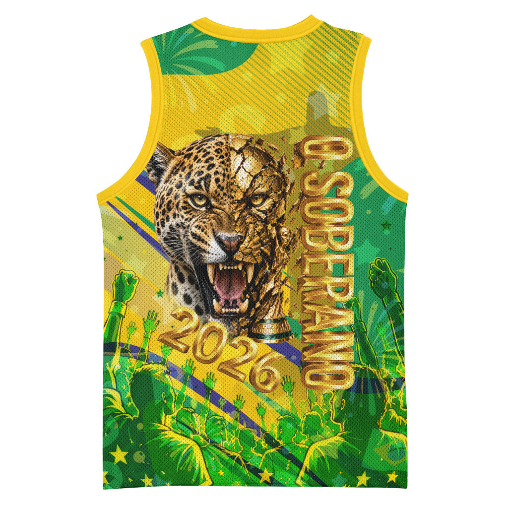 Brazil Football Champions 2026 Basketball Jersey Sovereign Jaguar Golden Trophy 3D Graphic Design