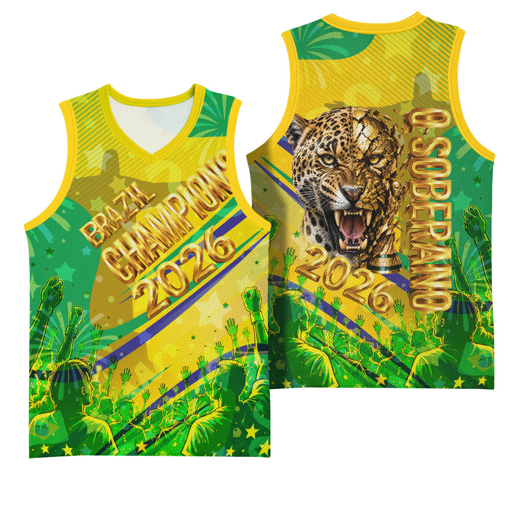 Brazil Football Champions 2026 Basketball Jersey Sovereign Jaguar Golden Trophy 3D Graphic Design