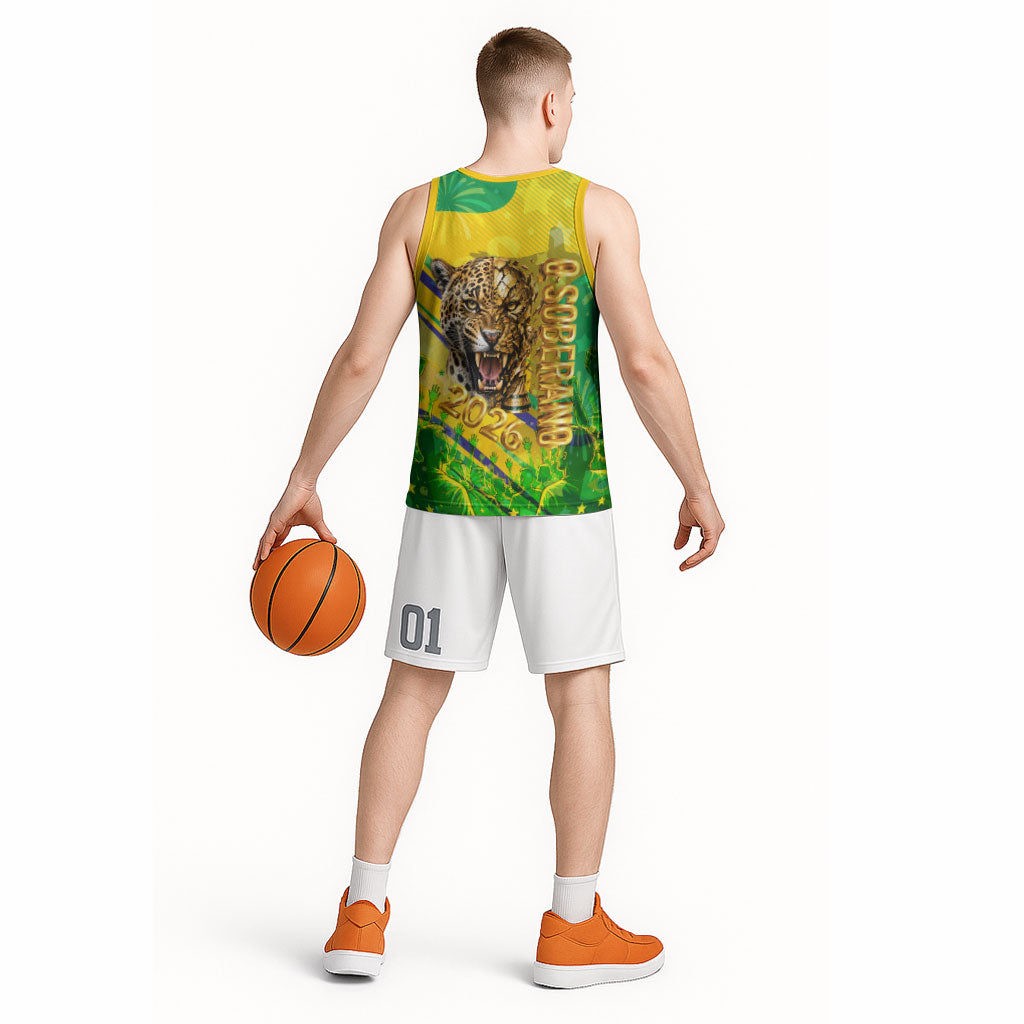 Brazil Football Champions 2026 Basketball Jersey Sovereign Jaguar Golden Trophy 3D Graphic Design