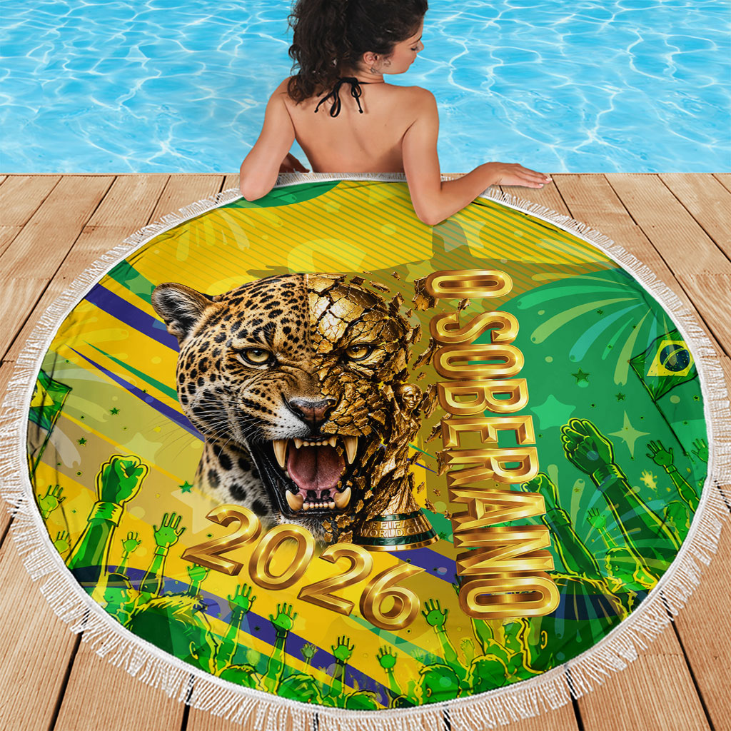 Brazil Football Champions 2026 Beach Blanket Sovereign Jaguar Golden Trophy 3D Graphic Design