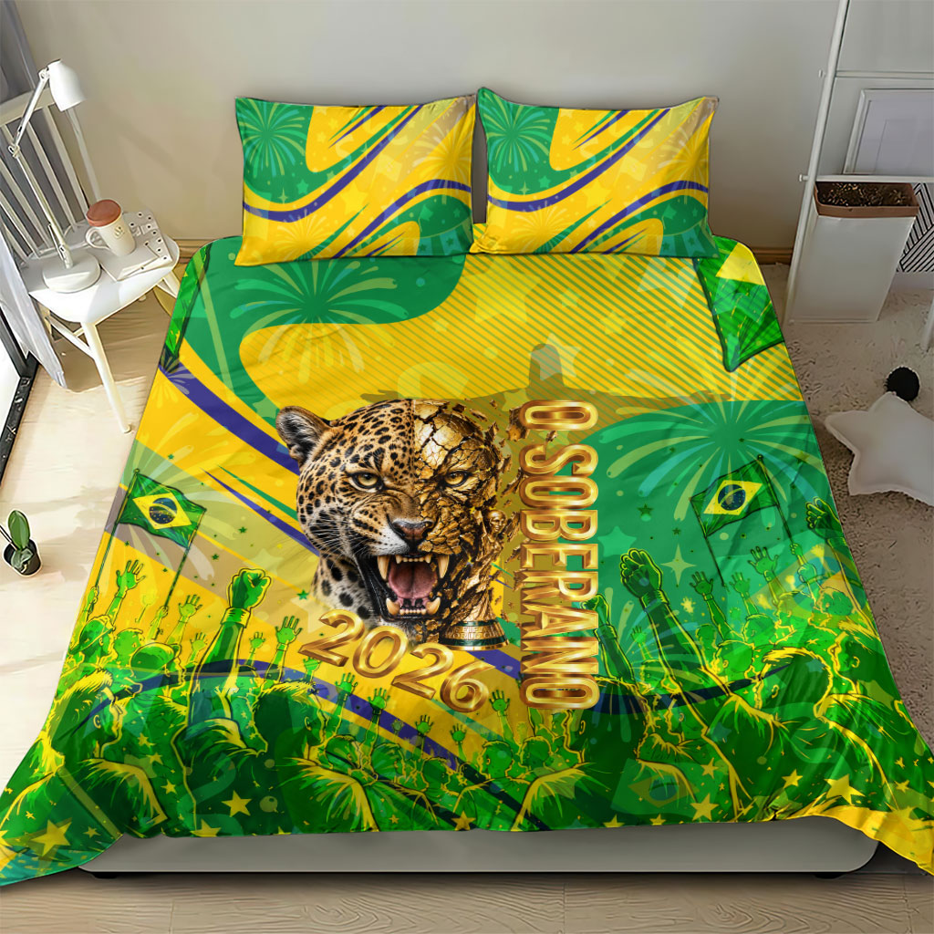 Brazil Football Champions 2026 Bedding Set Sovereign Jaguar Golden Trophy 3D Graphic Design