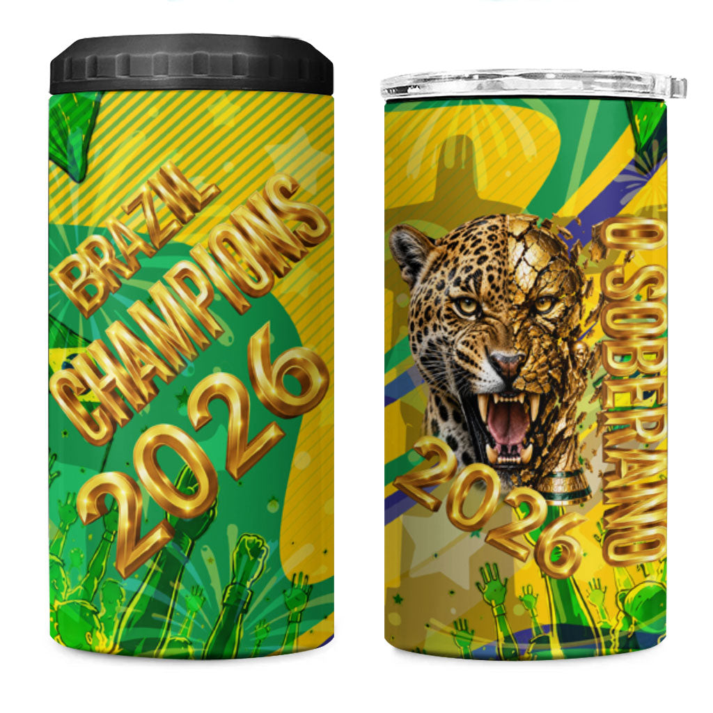 Brazil Football Champions 2026 4 in 1 Can Cooler Tumbler Sovereign Jaguar Golden Trophy 3D Graphic Design