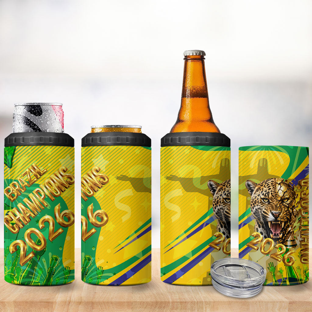 Brazil Football Champions 2026 4 in 1 Can Cooler Tumbler Sovereign Jaguar Golden Trophy 3D Graphic Design