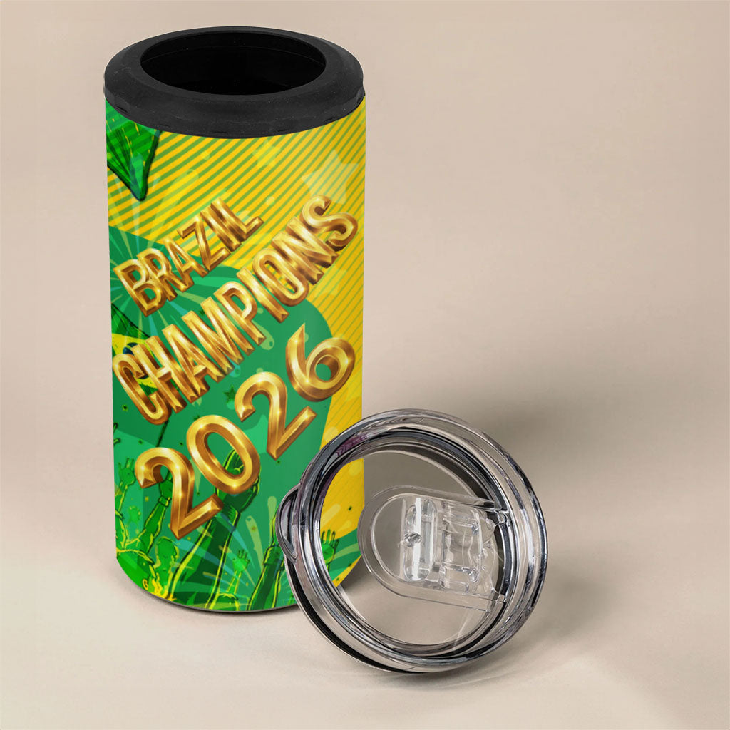 Brazil Football Champions 2026 4 in 1 Can Cooler Tumbler Sovereign Jaguar Golden Trophy 3D Graphic Design