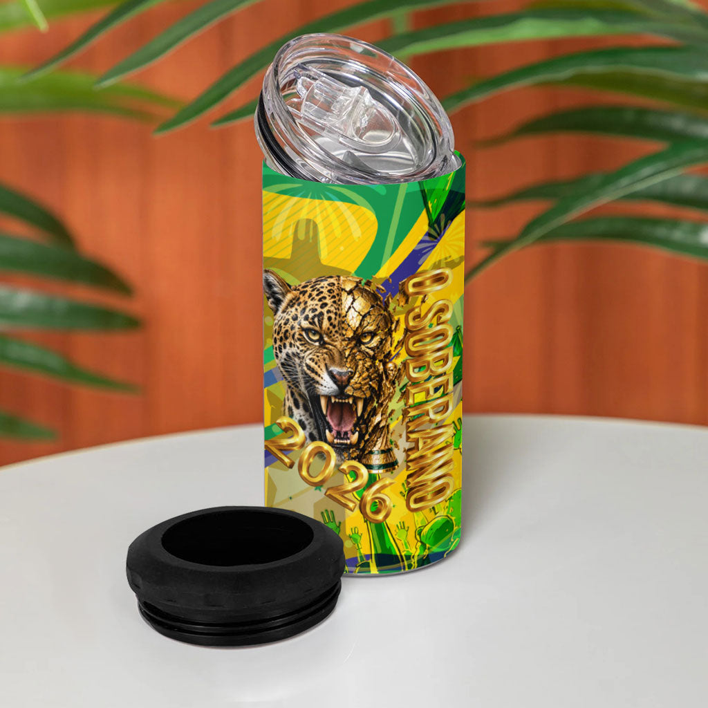 Brazil Football Champions 2026 4 in 1 Can Cooler Tumbler Sovereign Jaguar Golden Trophy 3D Graphic Design