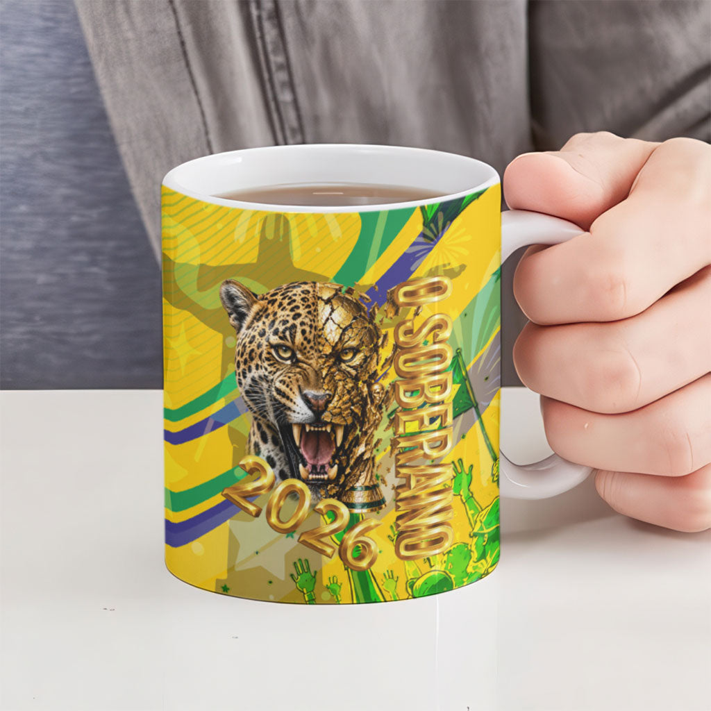 Brazil Football Champions 2026 Ceramic Mug Sovereign Jaguar Golden Trophy 3D Graphic Design