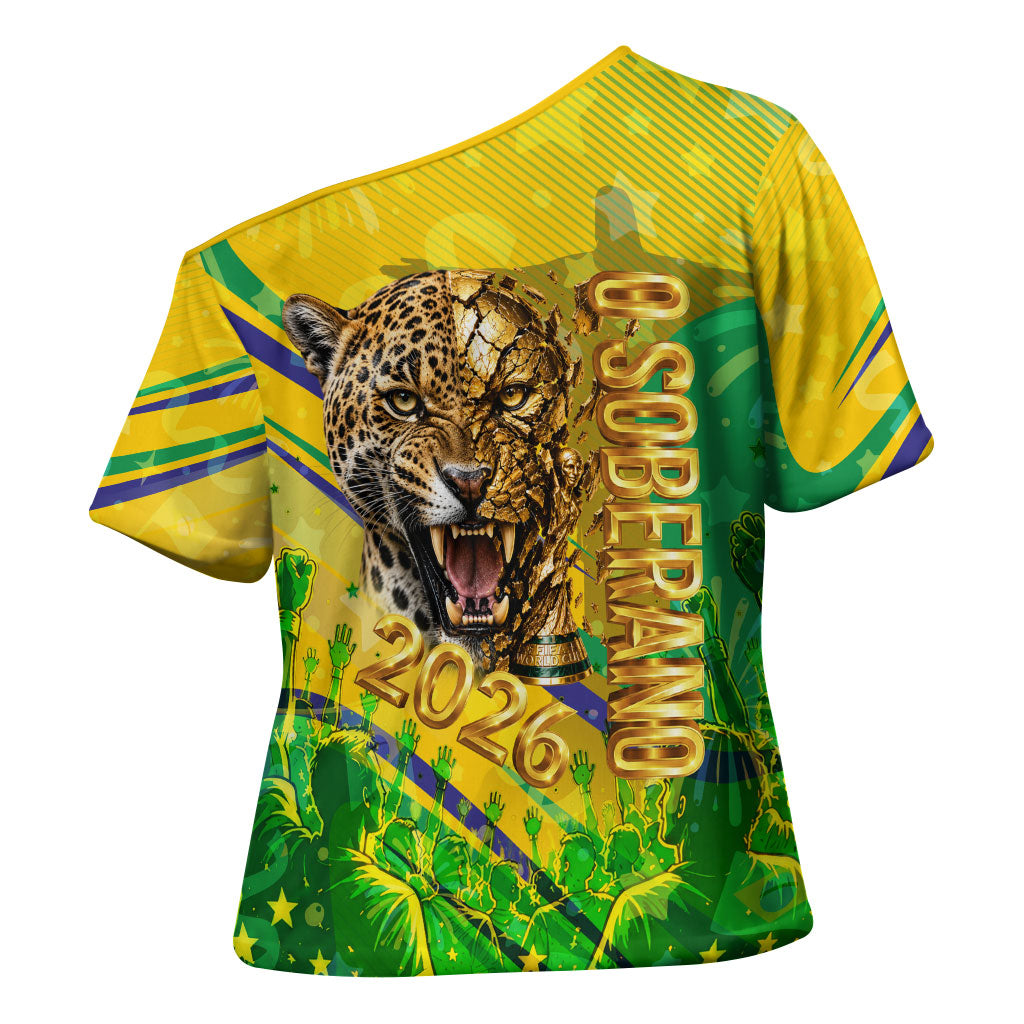 Brazil Football Champions 2026 Cross Shoulder Shirt Sovereign Jaguar Golden Trophy 3D Graphic Design