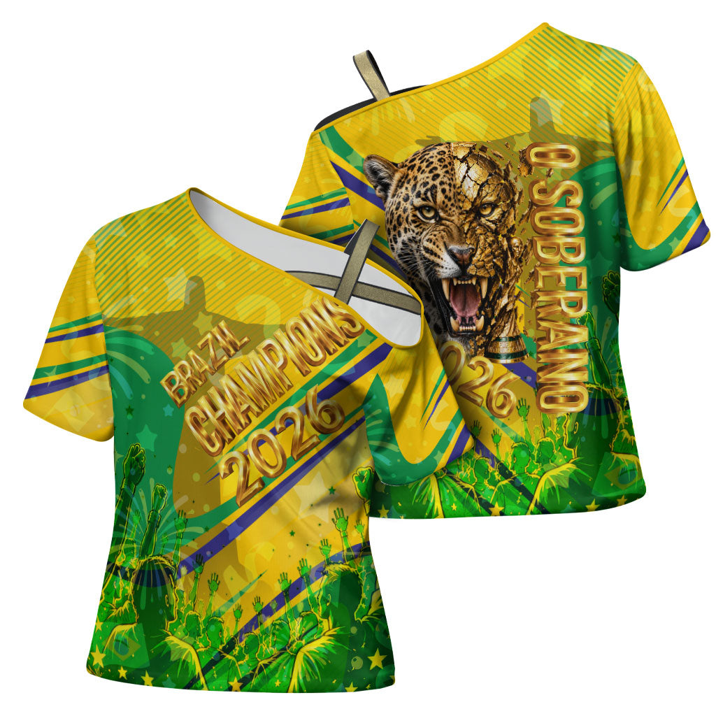 Brazil Football Champions 2026 Cross Shoulder Shirt Sovereign Jaguar Golden Trophy 3D Graphic Design