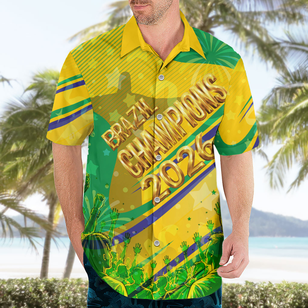 Brazil Football Champions 2026 Hawaiian Shirt Sovereign Jaguar Golden Trophy 3D Graphic Design