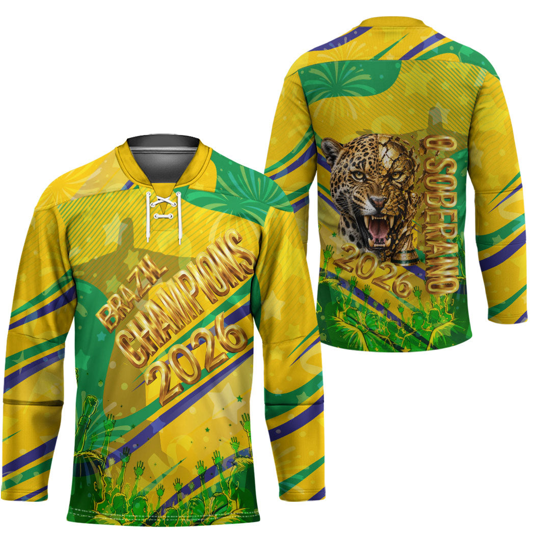 Brazil Football Champions 2026 Hockey Jersey Sovereign Jaguar Golden Trophy 3D Graphic Design