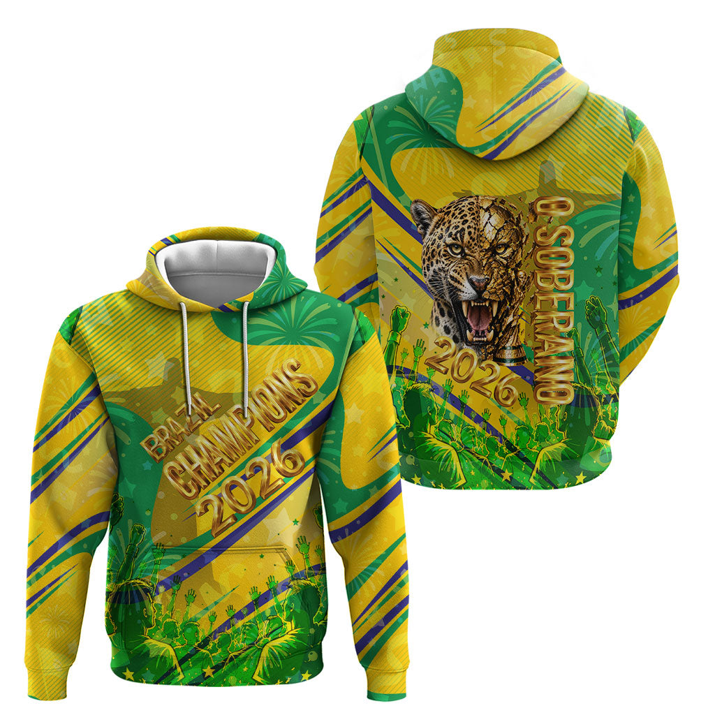 Brazil Football Champions 2026 Hoodie Sovereign Jaguar Golden Trophy 3D Graphic Design