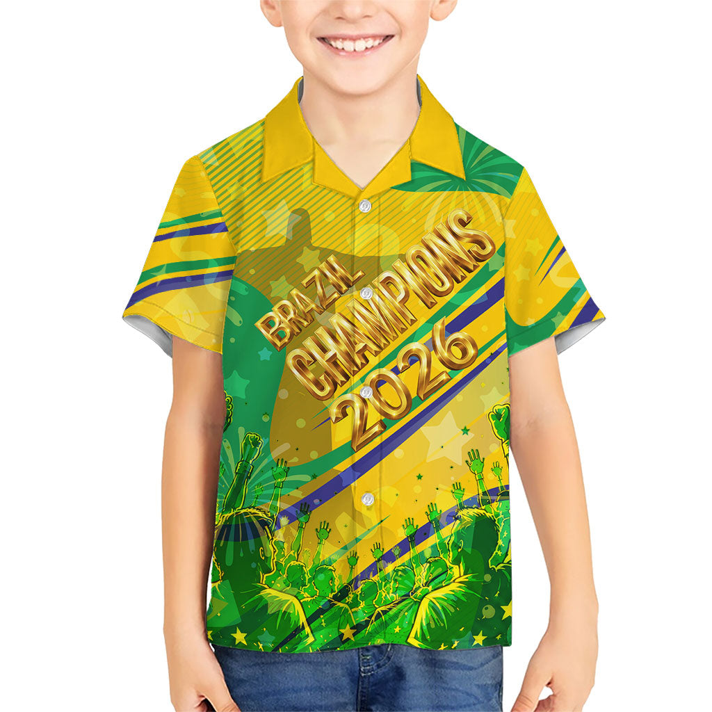 Brazil Football Champions 2026 Kid Hawaiian Shirt Sovereign Jaguar Golden Trophy 3D Graphic Design